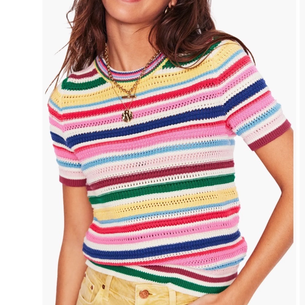 Boden Stripe Open Stitch Cotton Sweater Multi Color Pointelle Short Sleeve M